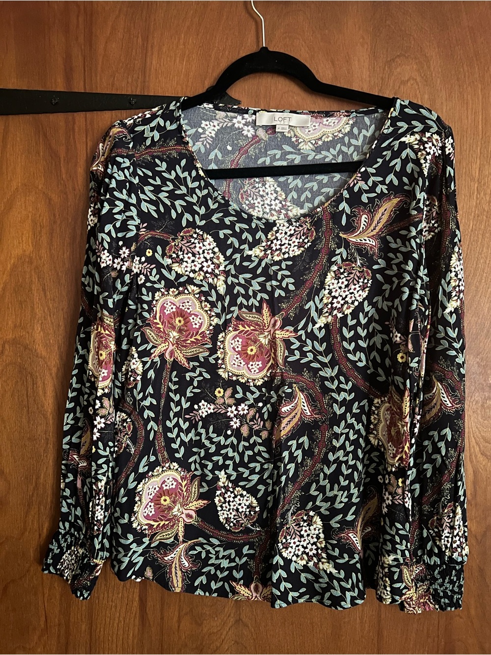 LOFT Black Floral Paisley Long-Sleeve Top with Teal and Maroon Accents